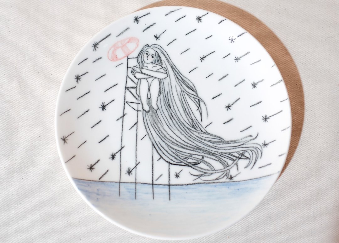 等流星雨来－插画白瓷盘 - 盘子/餐盘/盘架 - 瓷 白色