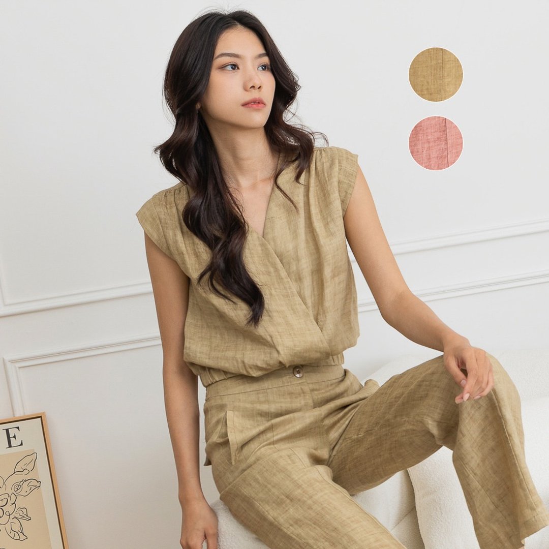 【MEDUSA】斜盖亚麻无袖上衣-2色(M-XL) | 女休闲上衣 凉感亚麻 - 女装上衣 - 棉 卡其色