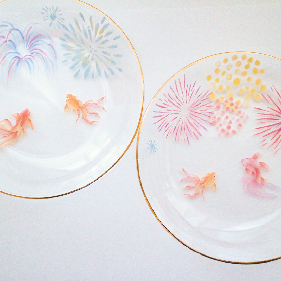 Goldfish and fireworks swimming in the sky ~Pair plate~ - 盘子/餐盘/盘架 - 玻璃 多色