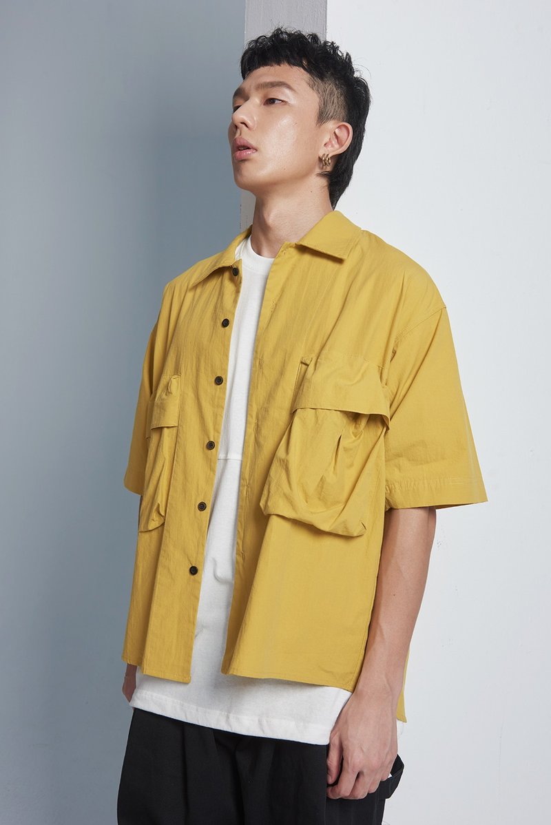 黑扣雾感短袖衬衫 #9245 - 男装衬衫 - 其他材质 黄色