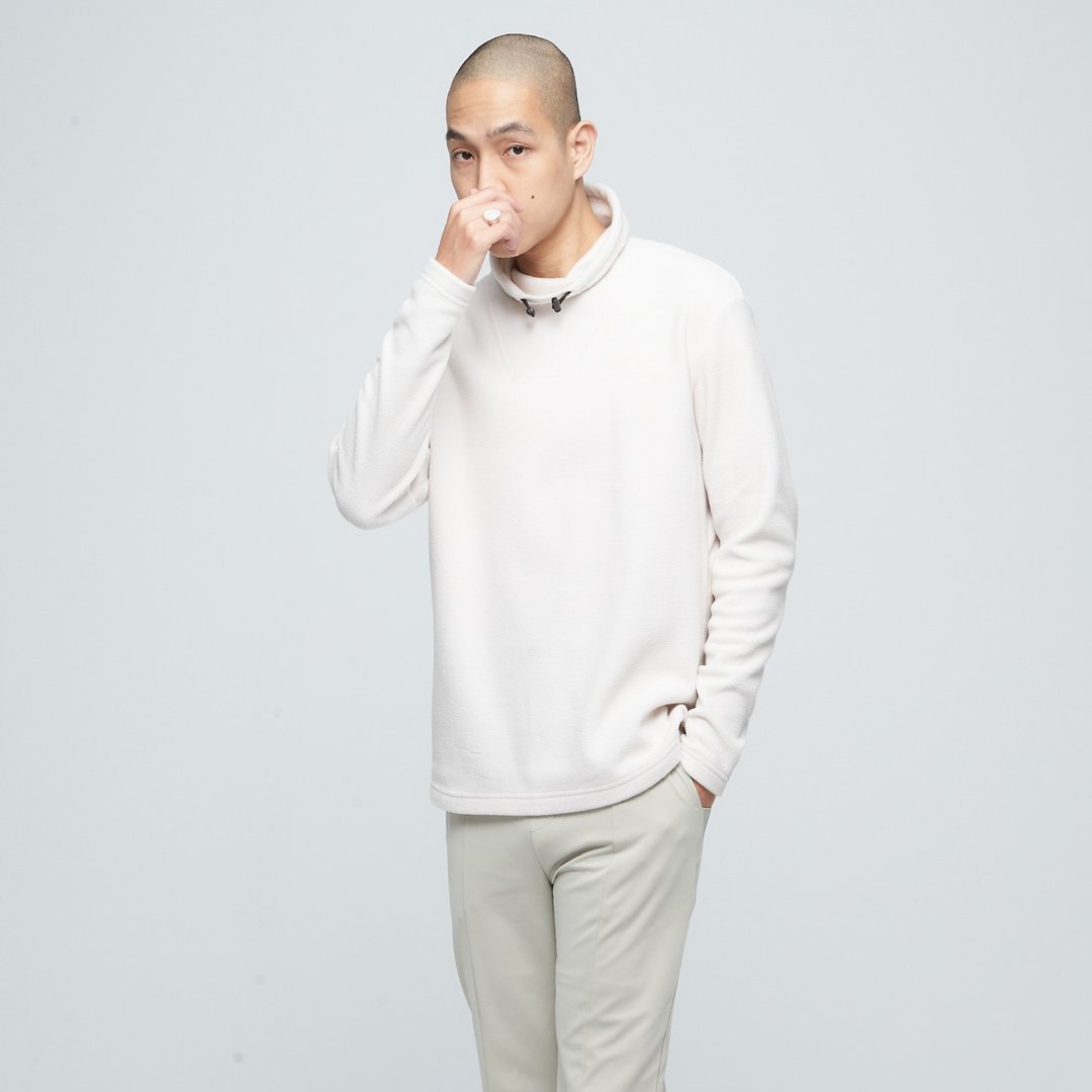 不可退换 /高领剪接宽版上衣 (男)-白桦木 - 男装上衣/T 恤 - 聚酯纤维 白色