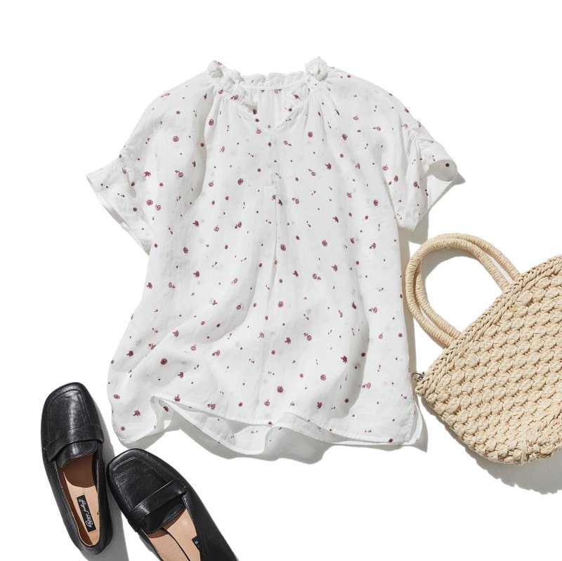 夏日也能凉爽穿着的亚麻衬衫 印花衬衫 白色 250606-1 - 女装衬衫 - 棉．麻 