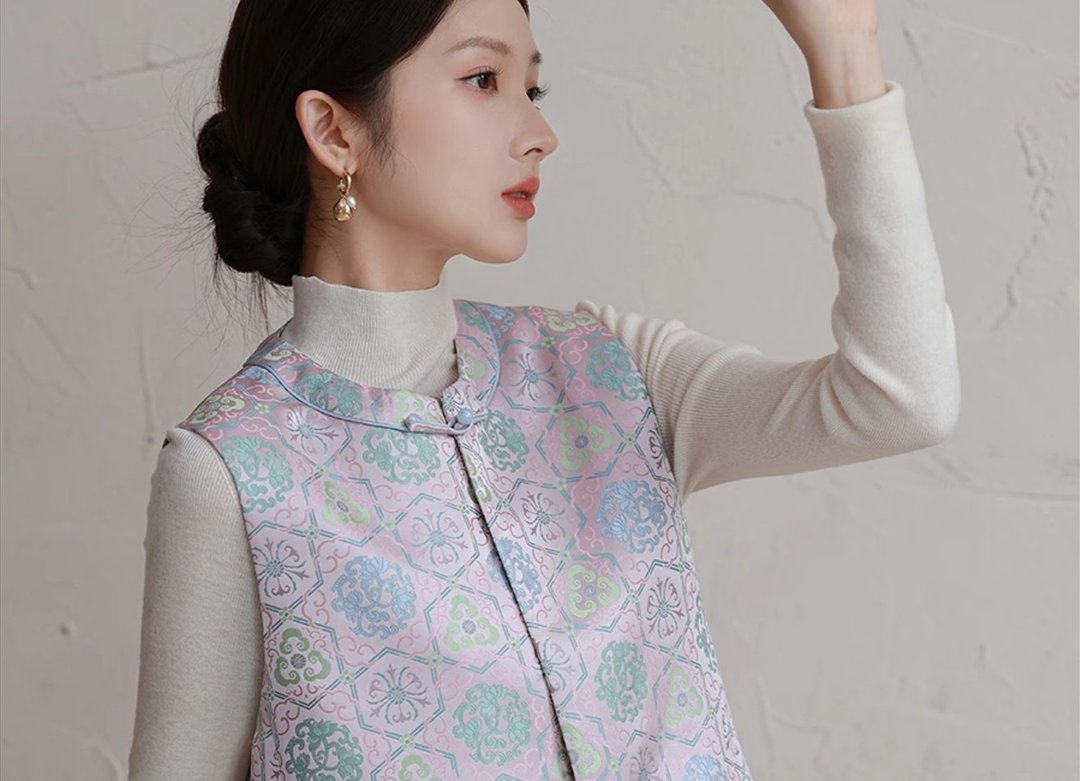 韵绘衣 新中式中国风 对襟提花叠穿背心 - 女装背心 - 其他材质 粉红色