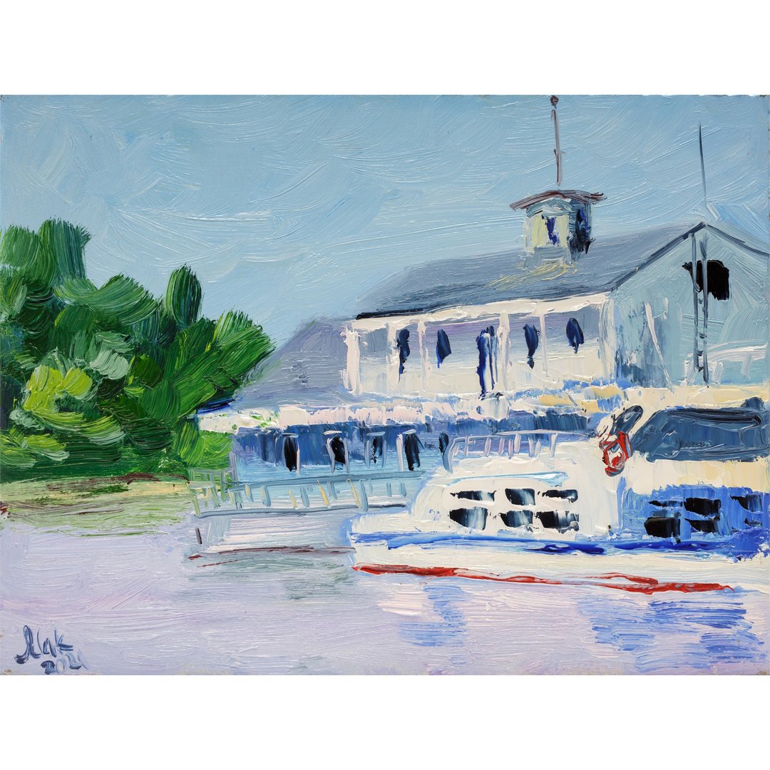 Bay Oil Painting Pier Original Art Ship Wall Art Seascape Painting - 海报/装饰画/版画 - 其他材质 蓝色
