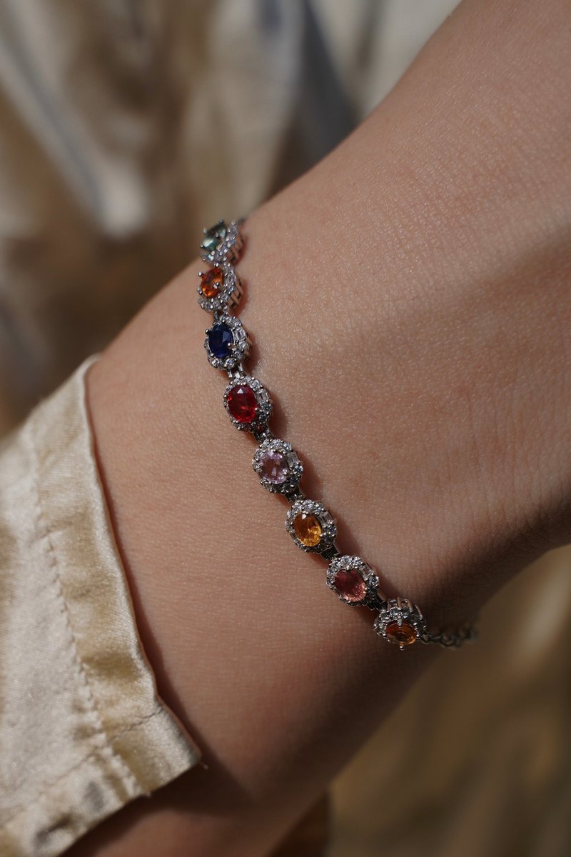 母親節禮物 | Jardin花園系列 彩色藍寶石設計感手鏈純銀鍍18K金 - 手链/手环 - 纯银 多色