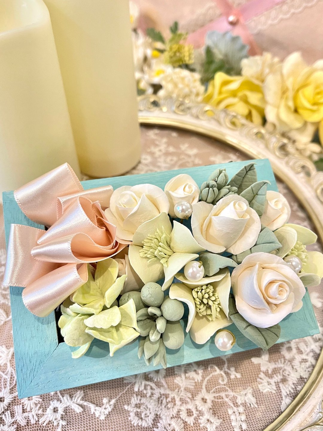 Clay art flower Memory of Paris Emerald green box arrangemen - 摆饰 - 粘土 粉红色