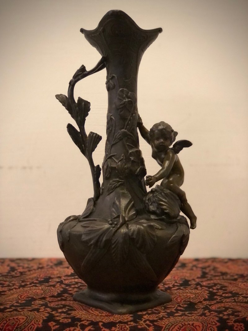 法国百年Art nouveau大型天使锡青铜雕花瓶-有落款 - 花瓶/陶器 - 铜/黄铜 卡其色