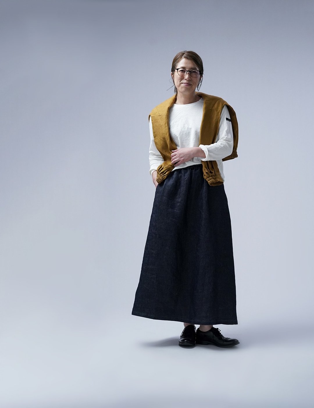 Linen Denim Skirt / Dark Indigo s006a-din3 - 裙子 - 亚麻 黑色