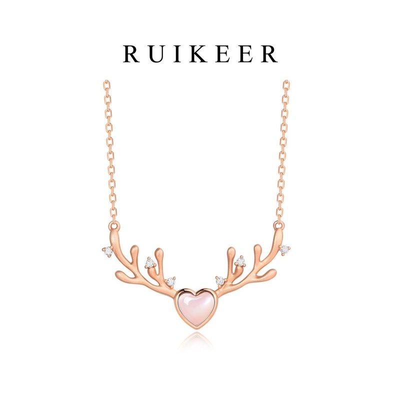 925纯银镀白金天然粉贝母爱心驯鹿角项链 - 项链 - 纯银 粉红色