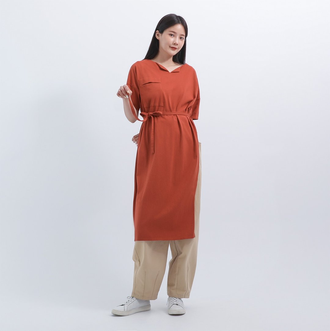 Poxiao_破晓绑带长上衣_22SF008_砖红 - 女装上衣 - 聚酯纤维 红色