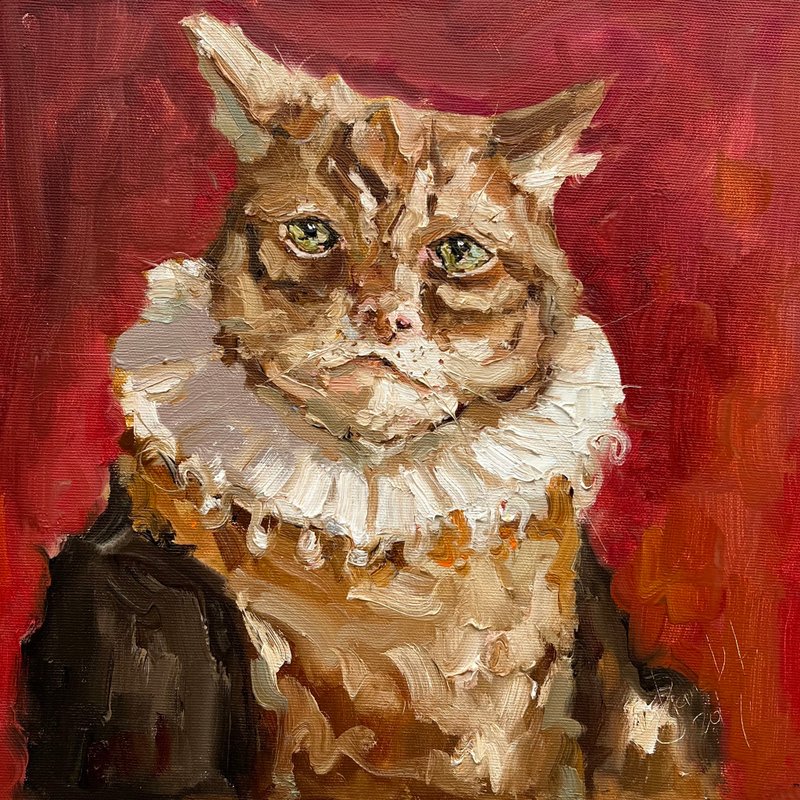 猫肖像猫油画白猫艺术品猫爱好者礼物猫肖像 - 墙贴/壁贴 - 其他材质 红色