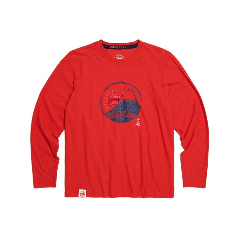 江户胜 日系 男装 太阳富士山长袖T恤(暗红色) #上衣 - 男装上衣/T 恤 - 棉．麻 红色