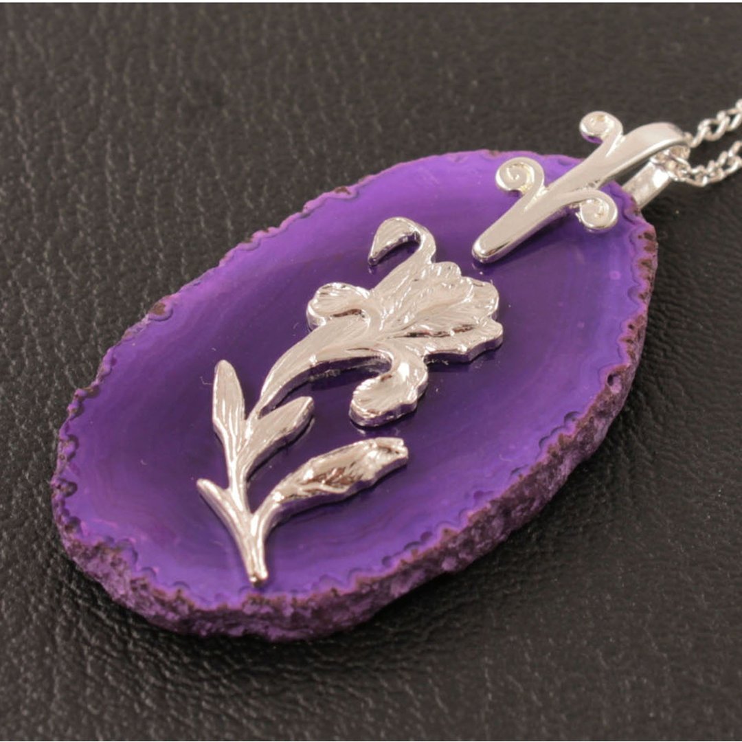 Purple Agate Slice Slab Necklace Violet Iris Flower Pendant Necklace Jewelry - 项链 - 半宝石 紫色