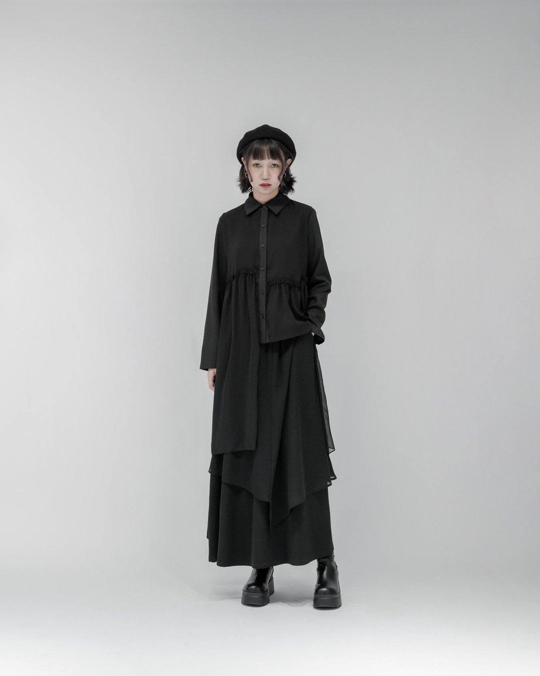 MUKK DESIGN 异材质拼接花边波纹纱衬衫 - 女装衬衫 - 聚酯纤维 黑色