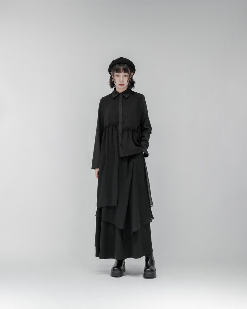 MUKK DESIGN 异材质拼接花边波纹纱衬衫 - 女装衬衫 - 聚酯纤维 黑色