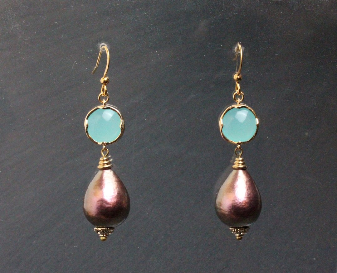 Purple Cotton Pearl Earrings Mint Green Drop Earrings Dangle Long Earrings - 耳环/耳夹 - 珍珠 紫色