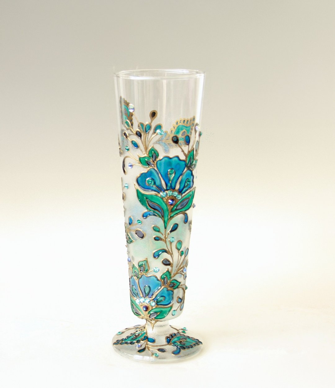 Cocktail Glass Henna Design Swarovski Crystals Hand-painted - 酒杯/酒器 - 玻璃 蓝色