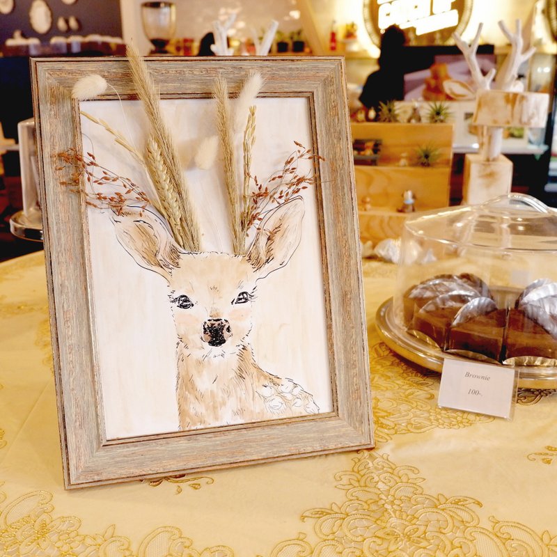 LOVELY DEER With Dried flowers - watercolor / gifts  / handmade / room decor - 摆饰 - 植物．花 粉红色