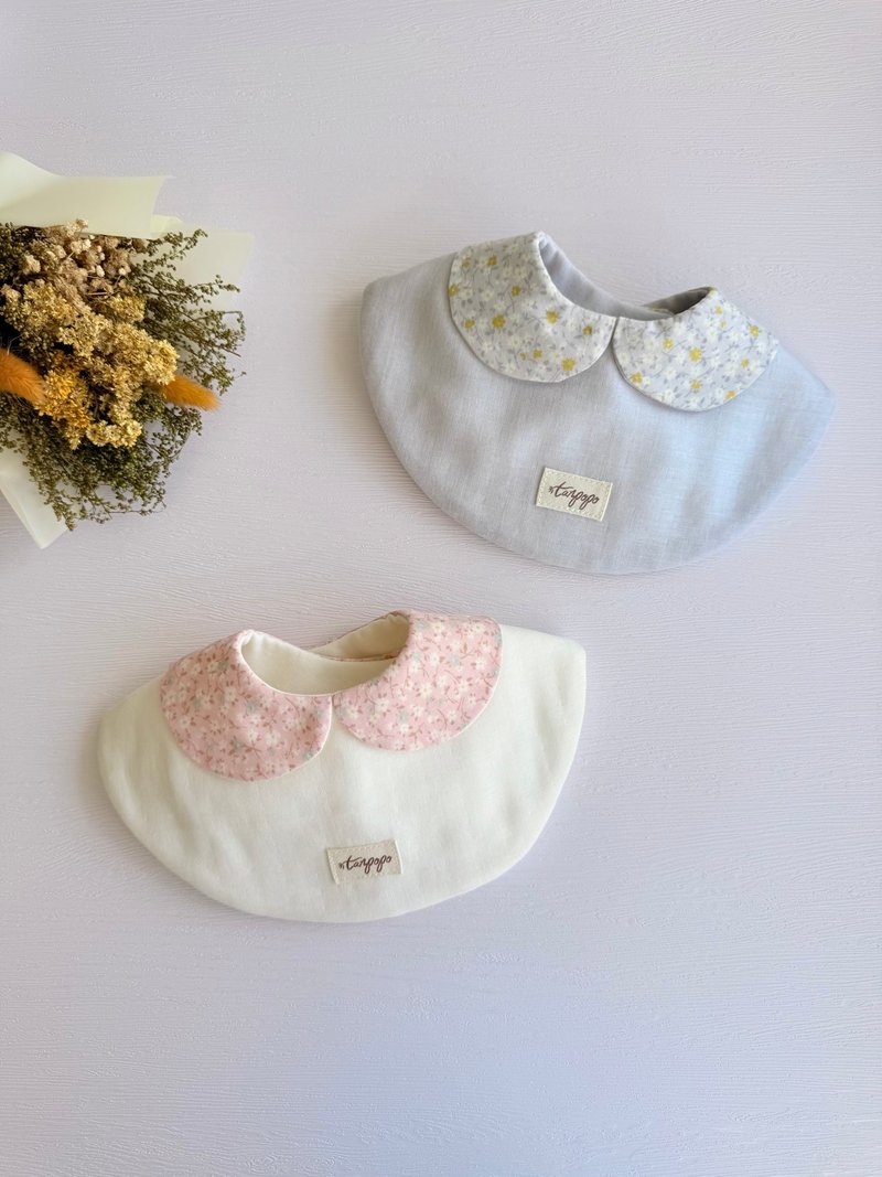 Tanpopo 手作宝宝小物 | 法式小花领系列围兜 - 围嘴/口水巾 - 棉．麻 银色