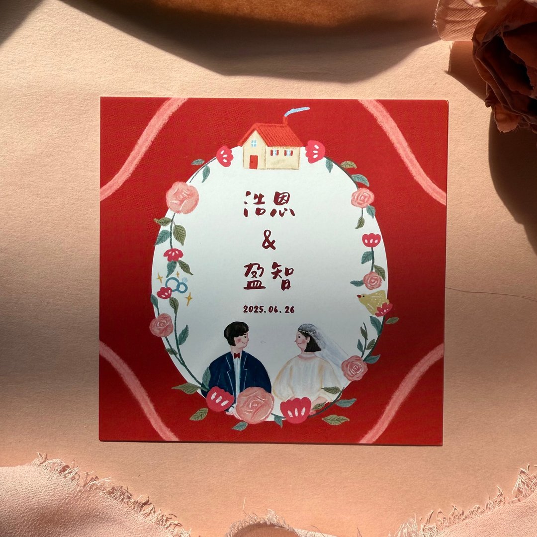 【定制】红玫瑰喜饼谢卡 可爱插画 代印姓名 日期 背后文字 - 卡片/明信片 - 纸 红色
