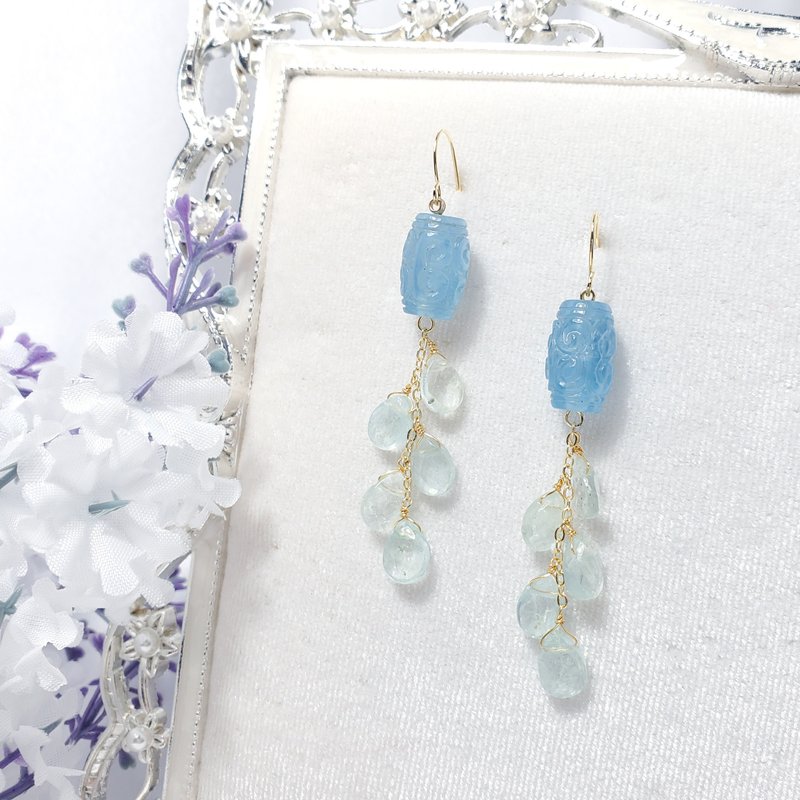 天然 顶级 绿柱石 海蓝宝 回纹 水滴 流苏 富贵 耳环 仅此一件 - 耳环/耳夹 - 宝石 蓝色