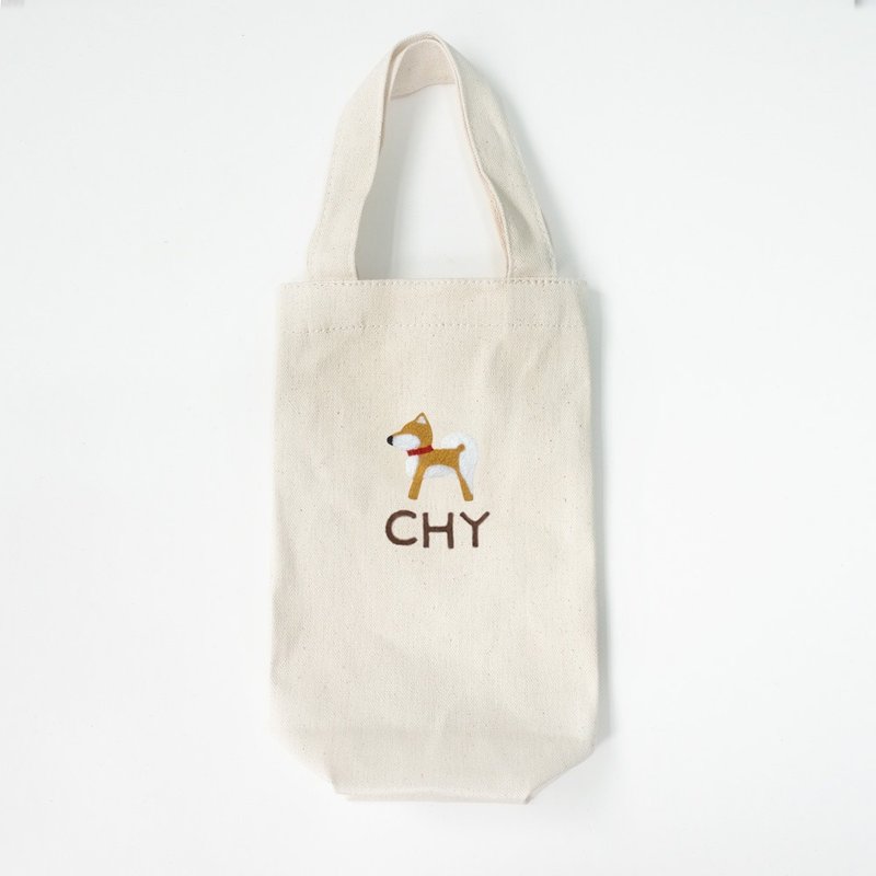 【Q-cute】水壶提袋系列-柴犬、柯基加字/定制化 - 随行杯提袋/水壶袋 - 棉．麻 咖啡色