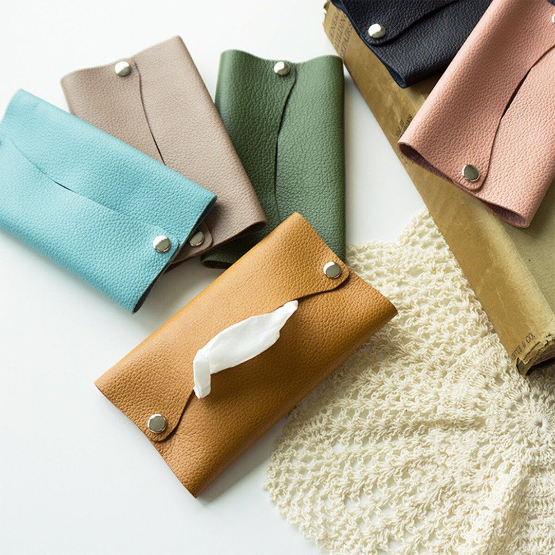 Pocket Tissue Box [Shrink Leather] Genuine Leather Storage Case Himeji Leather Tissue Cover Mother's Day HS17K - 纸巾盒 - 真皮 多色