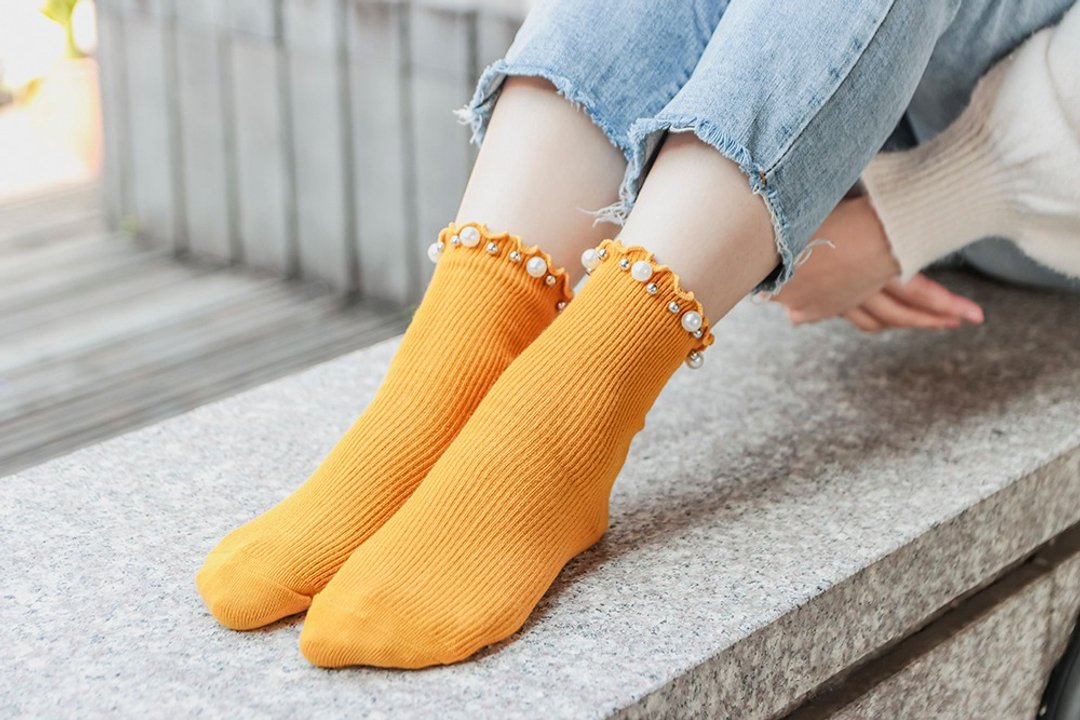 Unni甜美珍珠花边袜 短袜 花边袜 短袜 袜子 鞋履袜品 棉袜 socks - 袜子 - 棉 黄色