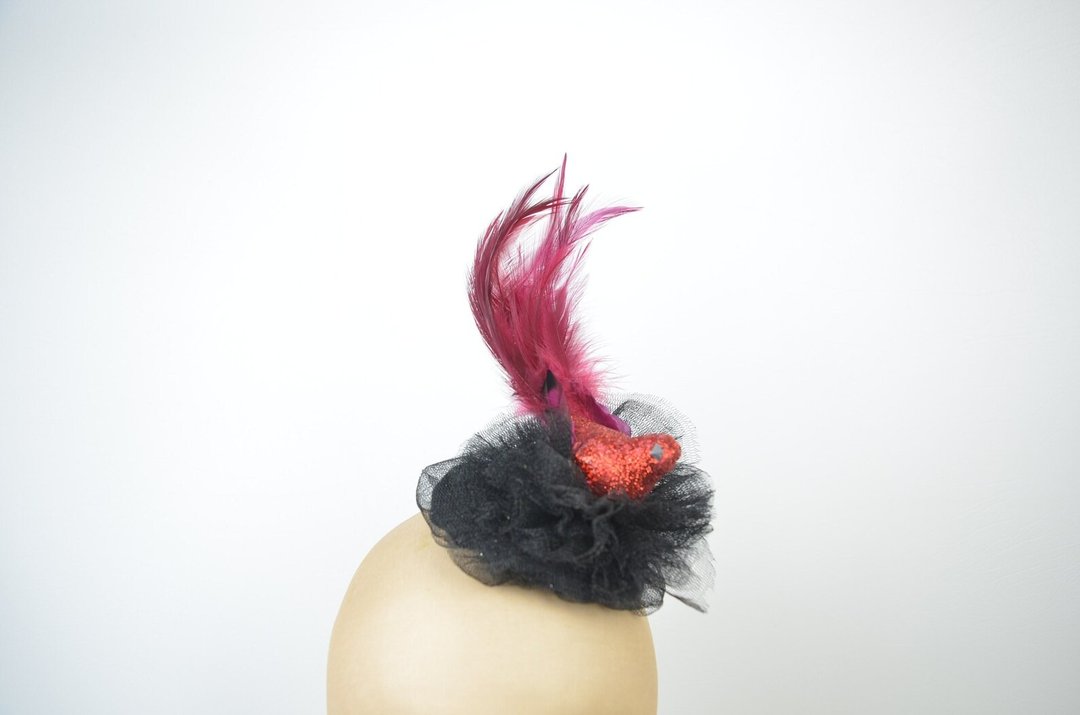 Fascinator 头饰搭配红色闪光羽毛雀和黑色薄纱面纱 - 发饰 - 其他材质 黑色