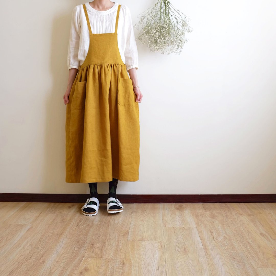 日常手作服 就是想当小女孩  芥子色低腰绑带吊带裙  亚麻 - 洋装/连衣裙 - 棉．麻 黄色