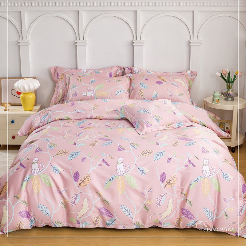 60支精梳棉/台规欧规床包枕套薄被套两用被套/慵懒猫咪 - 寝具 - 棉．麻 粉红色