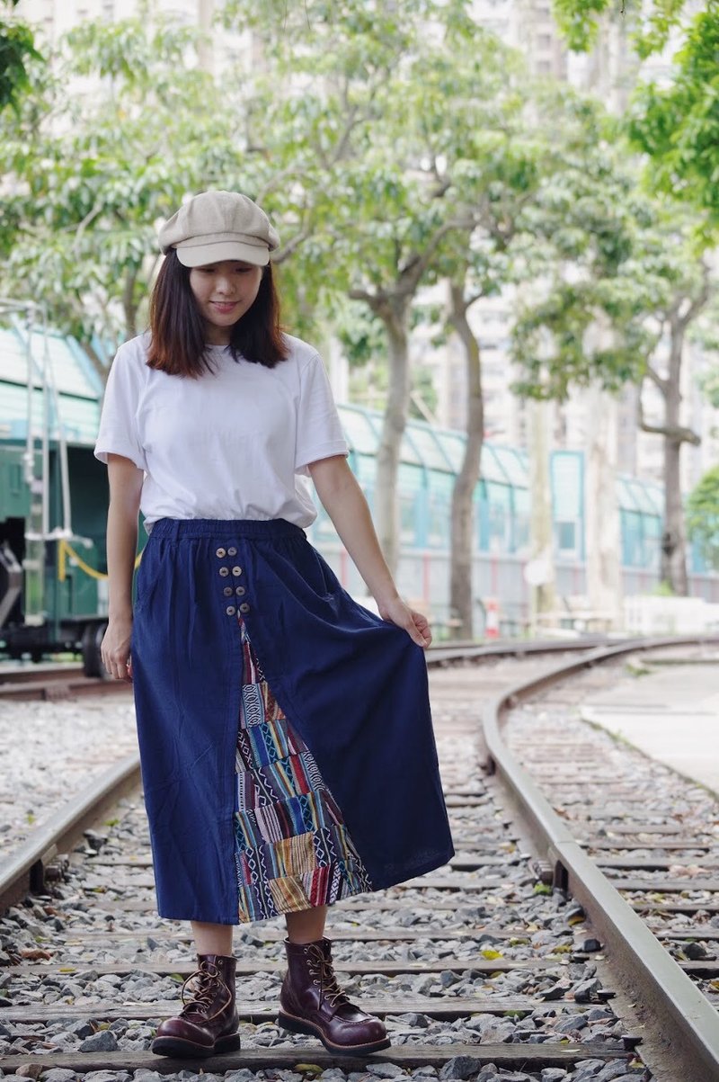 俄罗斯方块 民族布拼接棉麻半裙 | 深蓝色 - 裙子 - 棉．麻 蓝色