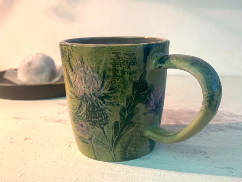 蓟花刻划陶制咖啡杯_陶器马克杯 - 咖啡杯/马克杯 - 陶 绿色