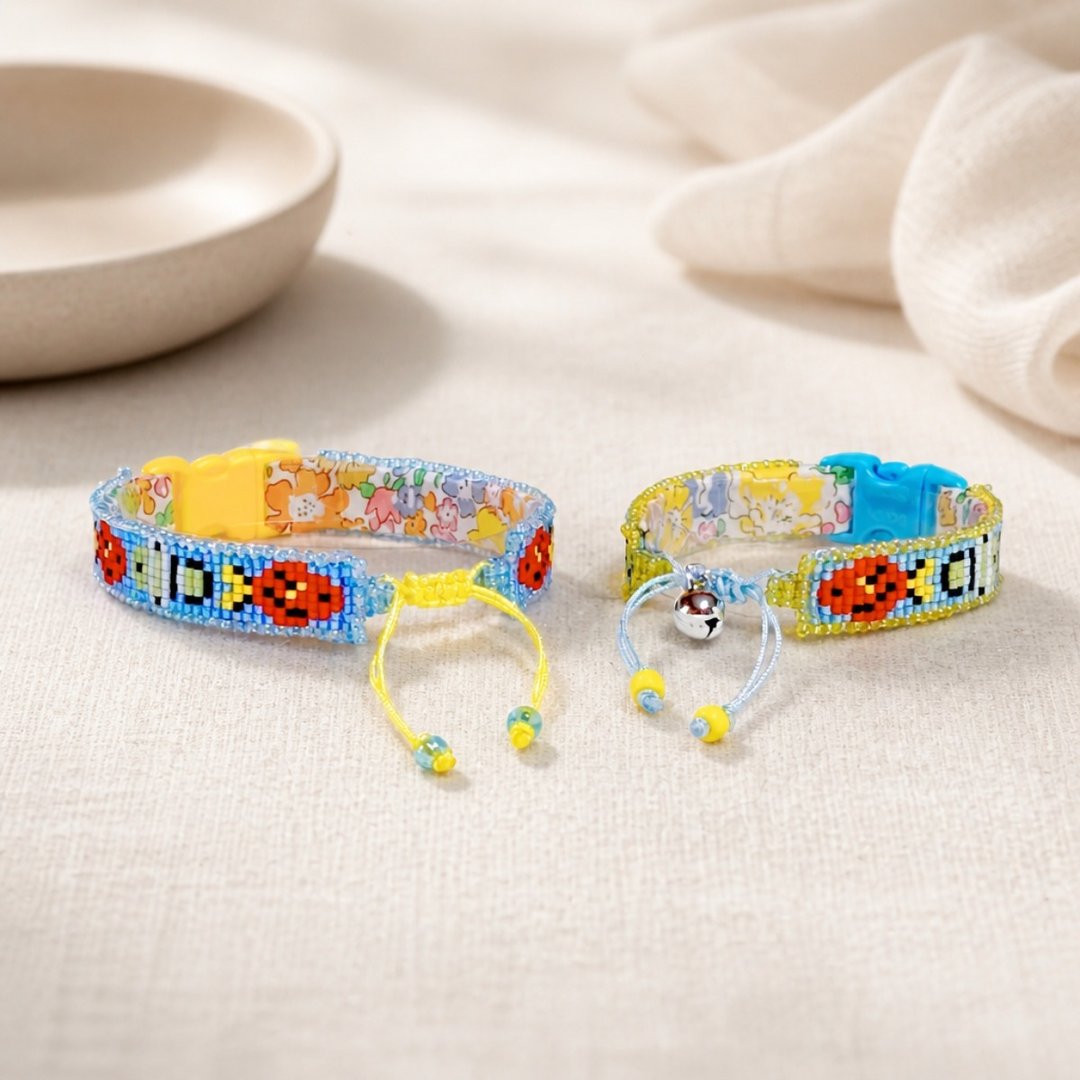 小小的海洋世界 珠饰缇花猫用项圈 红 × 鼠尾草绿 Beaded Cat Collar - 项圈/牵绳 - 棉 多色