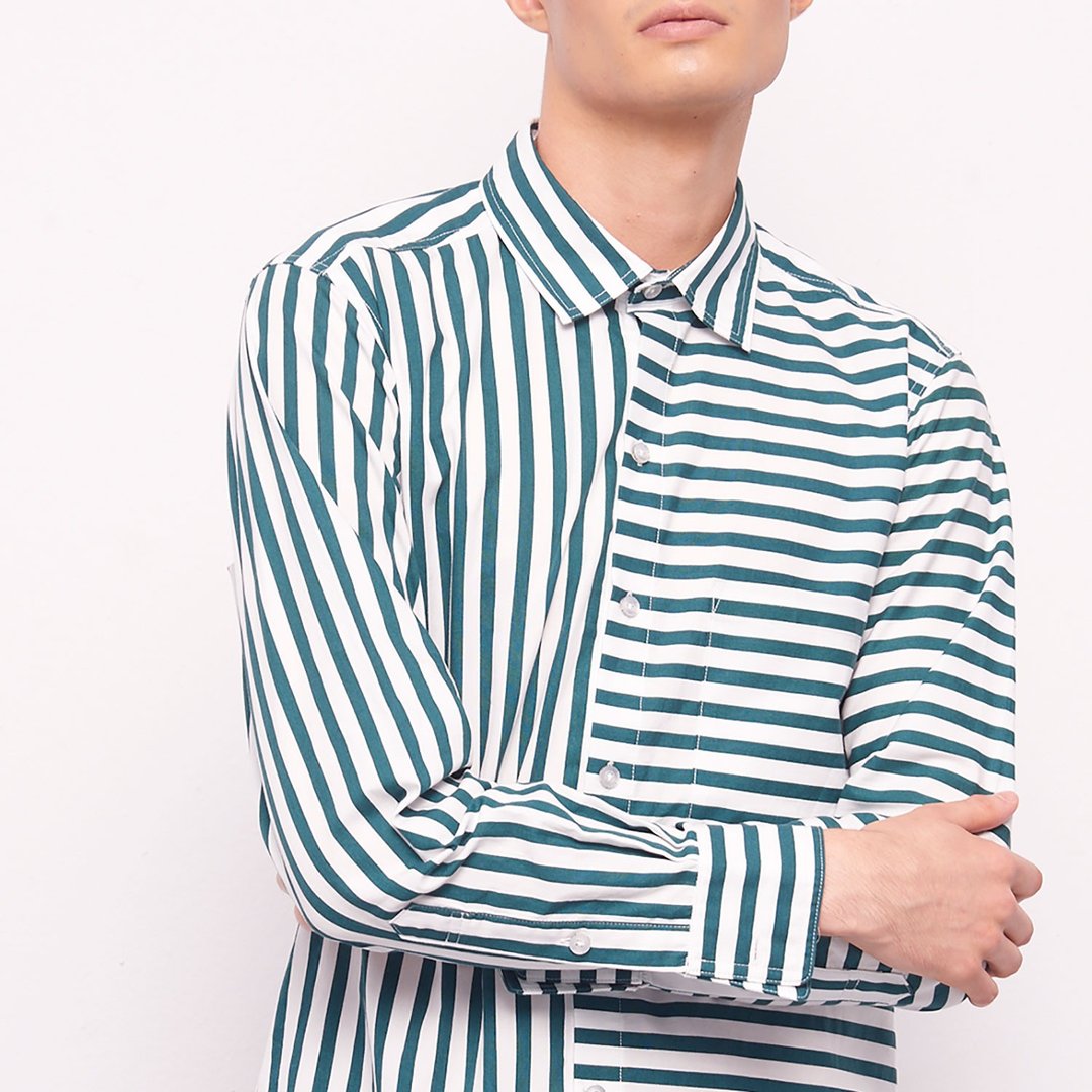 Stone@s Printed Shirts / 湖水绿 条纹 拼接衬衫 - 男装衬衫 - 棉 绿色