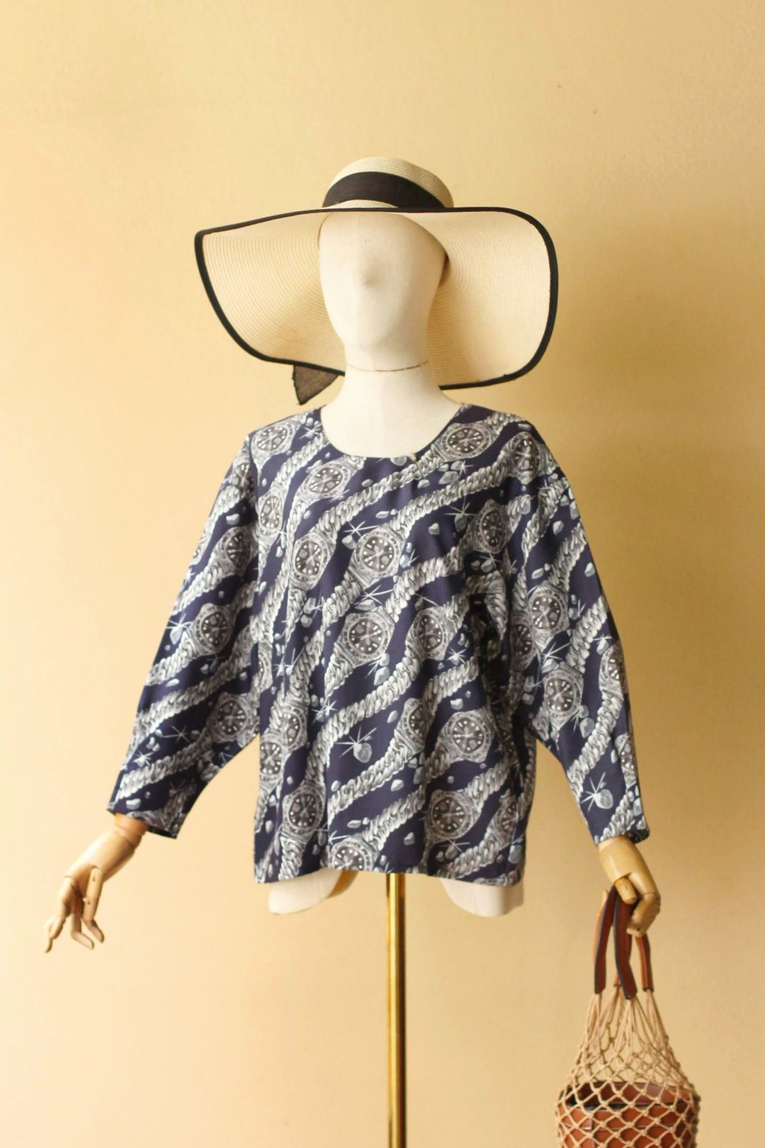 VINTAGE navy blue blouse, Vintage metal watch printed - 女装上衣 - 聚酯纤维 蓝色