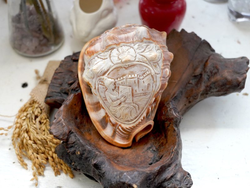 美国古董级手工浮雕刻巨型贝壳螺壳艺术品味陈列摆设 古着收藏 - 摆饰 - 贝壳 橘色