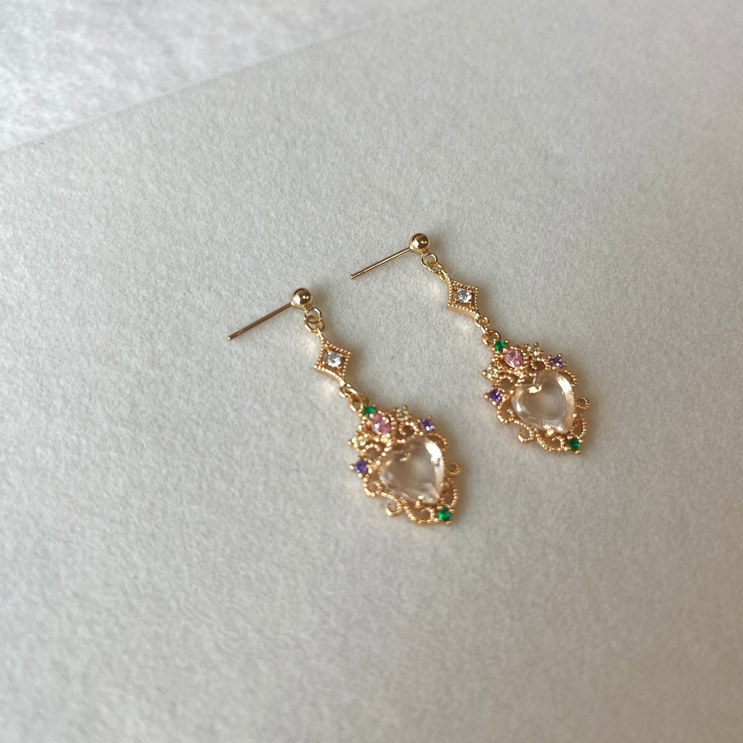 14K包金 彩色宝石蕾丝雕花耳环 耳夹 14KGF - 耳环/耳夹 - 其他金属 紫色