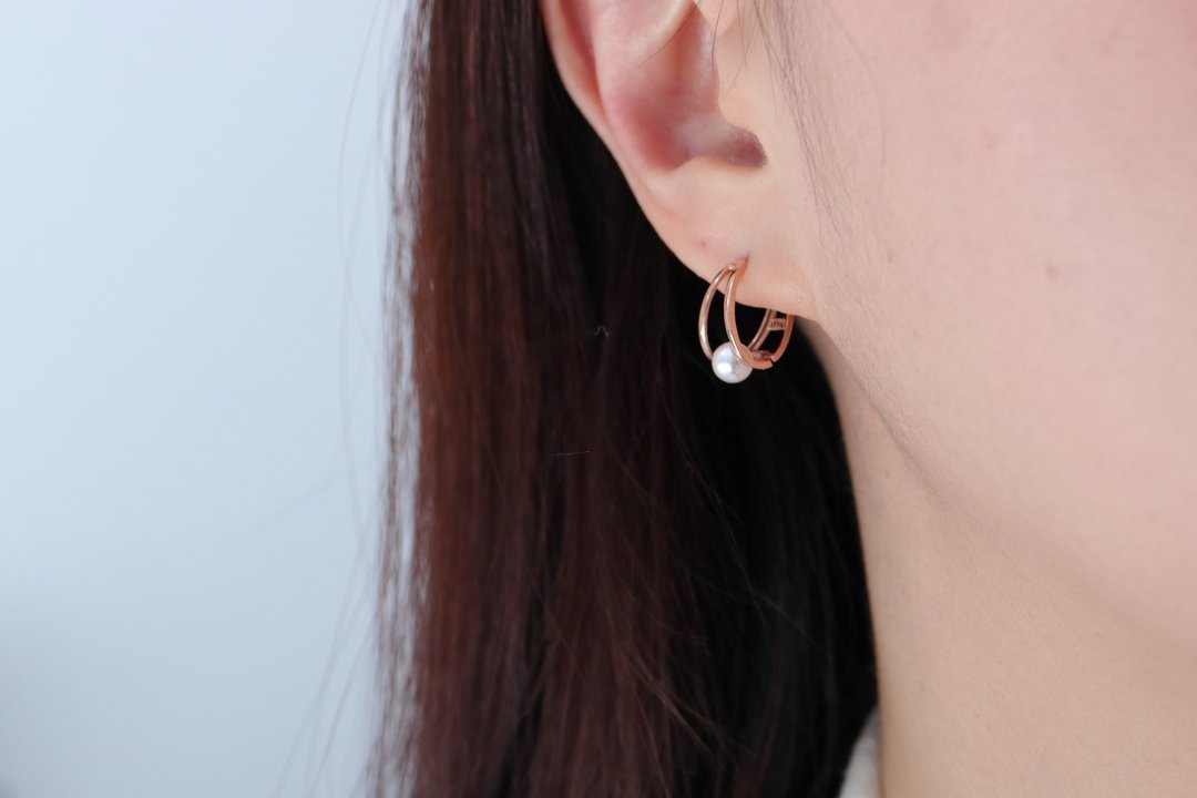 纯14K Double Cycle Pearl Earring 珍珠双环耳扣耳环(内径12mm) - 耳环/耳夹 - 贵金属 金色