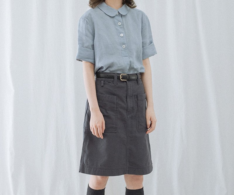 探险少女 彼得潘领麻质短袖衬衫 - 女装衬衫 - 棉．麻 蓝色