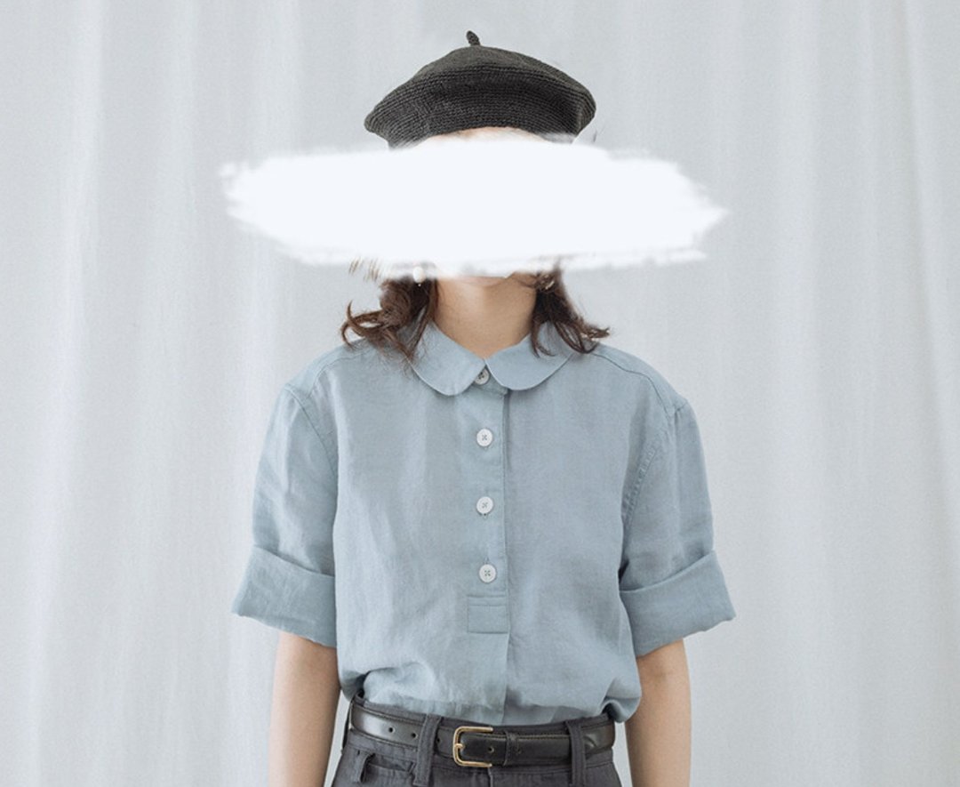 彼得潘領短袖襯衫 / 麻質寬鬆上衣 / 探險少女風襯衣 - 女装衬衫 - 棉 蓝色