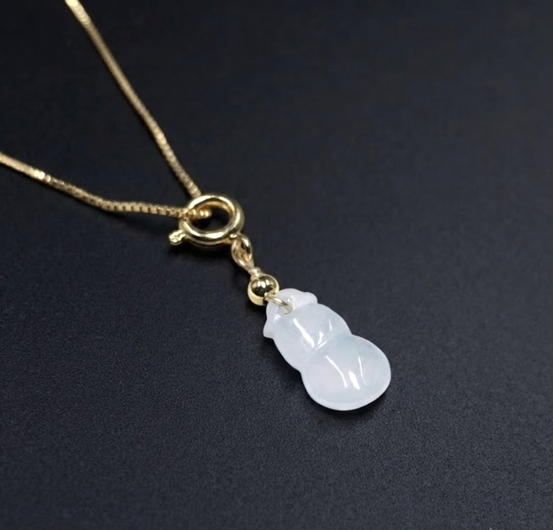 【福禄】冰种翡翠葫芦项链 14K 包金 | 天然缅甸玉 A 货翡翠 | 送礼 - 吊饰 - 玉石 透明