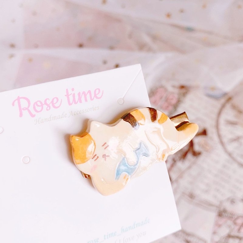 手绘4CM 懒猫猫 发夹 - 发饰 - 粘土 金色