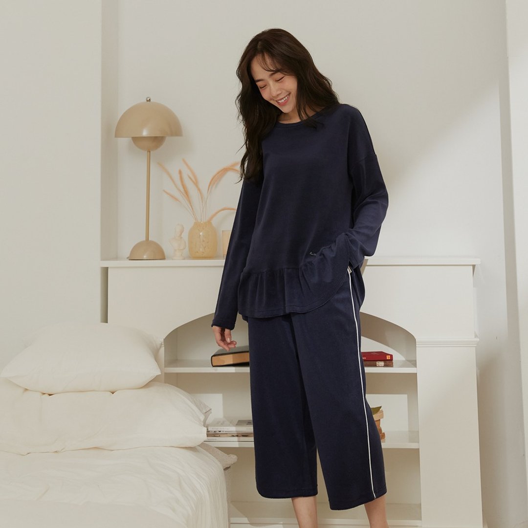 保暖毛巾布荷叶摆居家服-午夜蓝/UMORFIL/胶原蛋白纱 - 居家服/睡衣 - 棉 蓝色