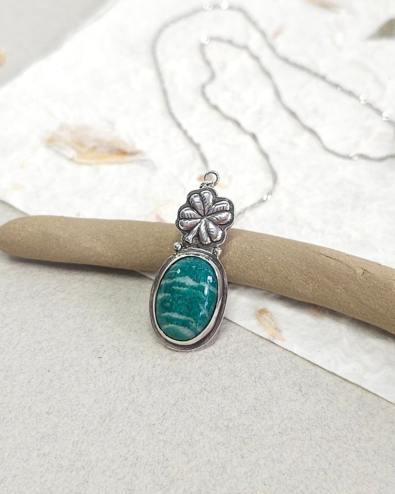 幸运四叶草 天河石 925银项链 // 独一无二 - 项链 - 银 银色