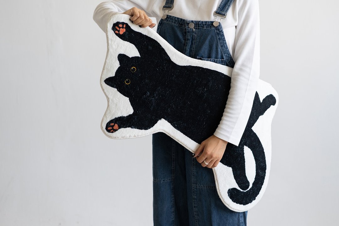 材质升级 下单快速发货/手绘猫咪地垫/可爱黑猫咪造型进门地毯 - 订制抱枕/饰品 - 聚酯纤维 黑色