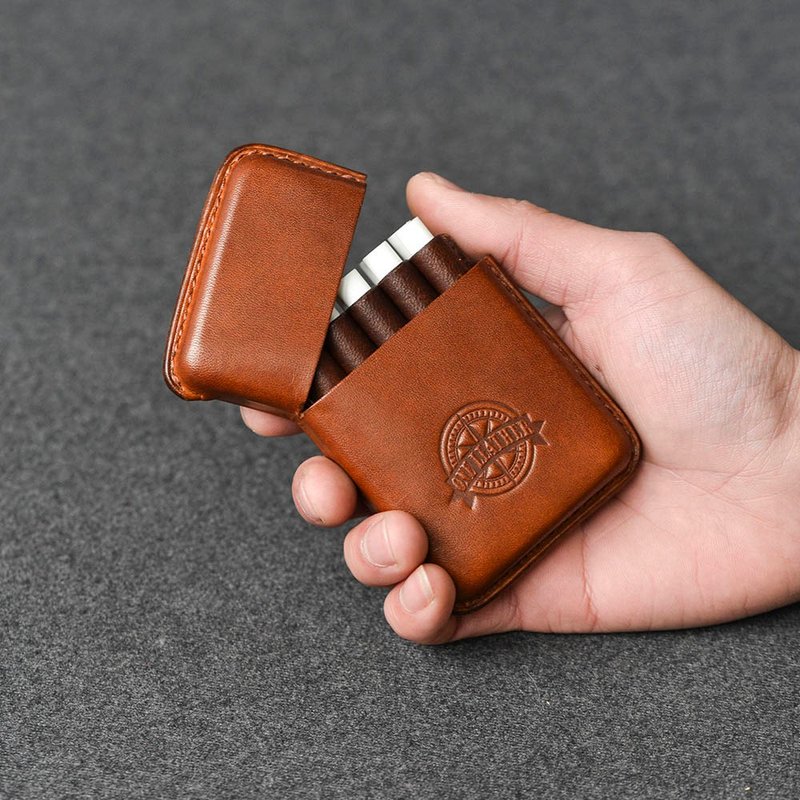 情人节礼盒客制化礼物一皮真皮手工煙盒創意禮品香淤盒軟便攜10支 - 其他 - 真皮 咖啡色