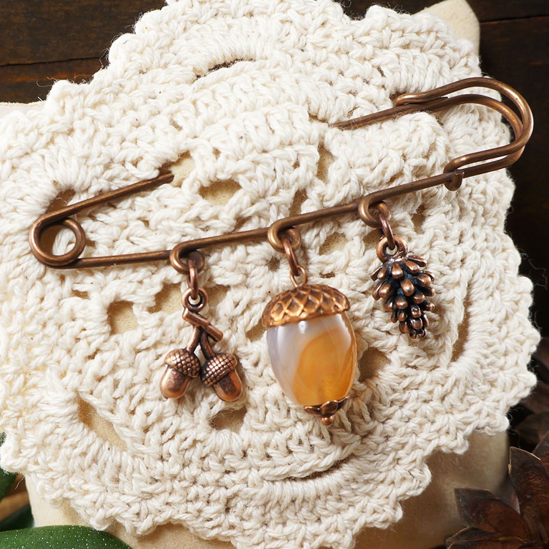 Copper Orange Fire Red Agate Acorn Pine Cone Charm Forest Pin Brooch Jewelry - 胸针 - 半宝石 橘色