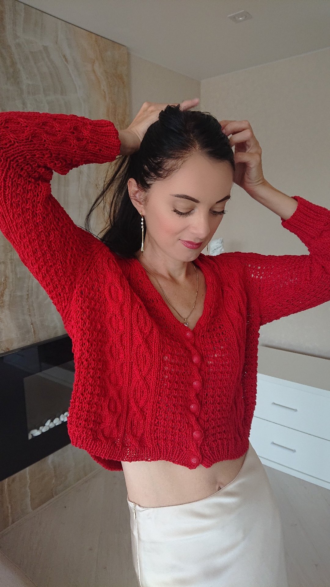 Cable knit crop cardigan V neck sweater jacket Red cotton blouse Hand knit top S - 女装针织衫/毛衣 - 棉 