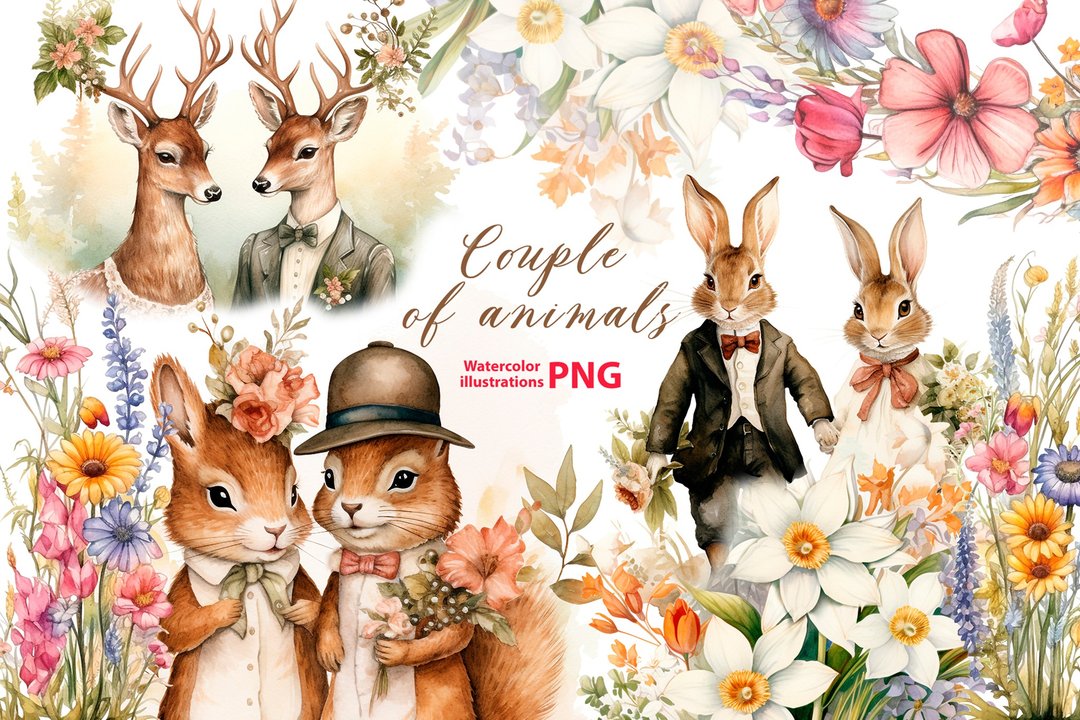 水彩动物情侣剪贴画套装，10 Png，复古风格剪贴画，cottagecore - 电子手帐及素材 - 其他材质 